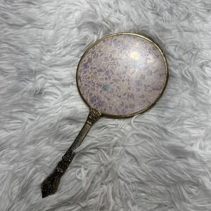 Antique Art Nouveau Handheld Vanity Mirror w/ Floral Brass Design‎ Mid Century